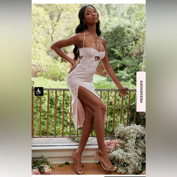 HOUSE OF CB‎ 'Georgia' Crystal Satin and Lace Midi Dress cutout Size M NWOT - Picture 2 of 16